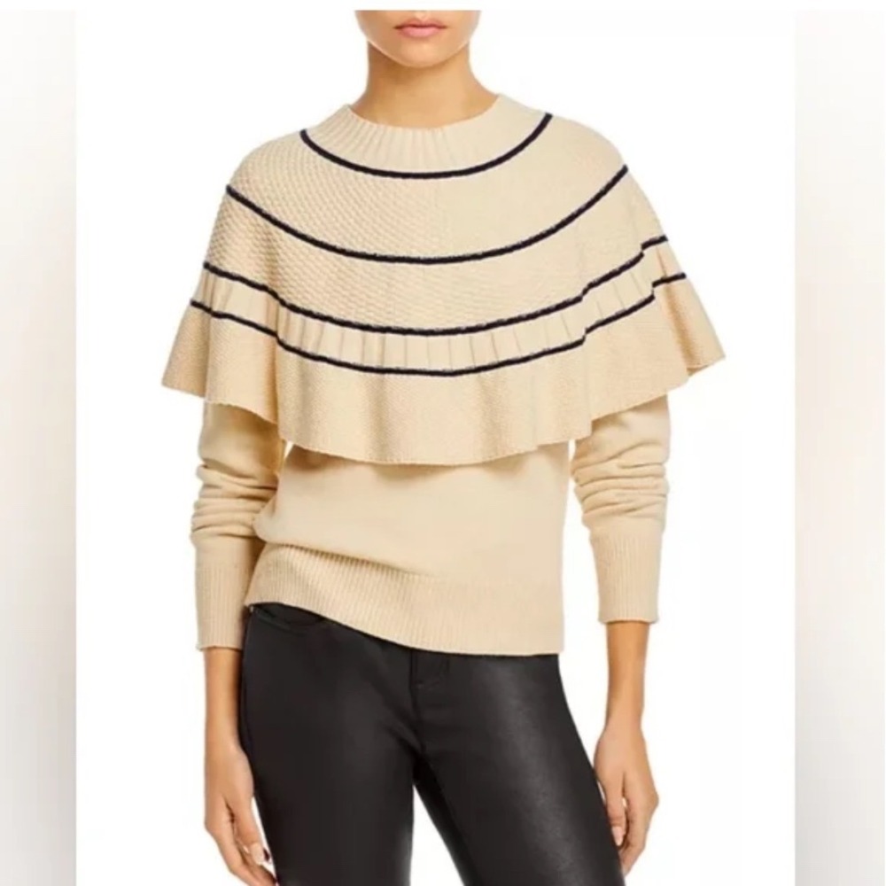 Rebecca Taylor‎ Cream Ruffle Cape Stripe Knit Sweater Italian Yarn Large